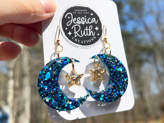 Blue Crescent Moon & Star Dangle Earrings